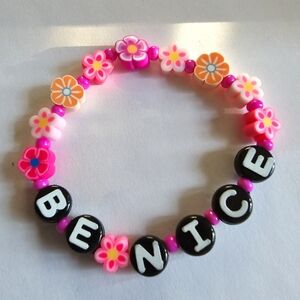 Be Nice bracelet handmade pink word elastic flowers floral mantra jewelry